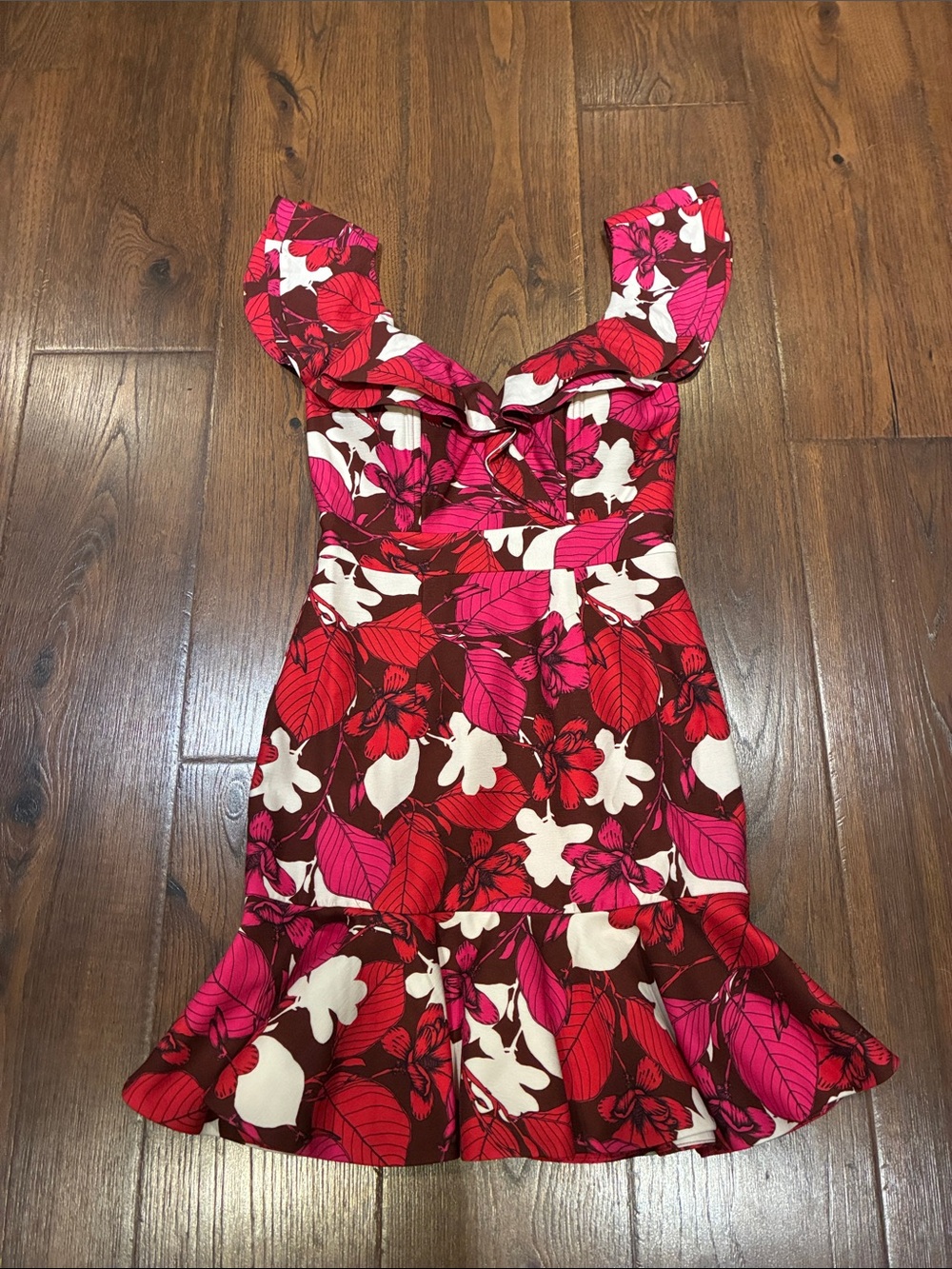 Seiko Pink, Red & White Floral Mini Dress with Ruffle Hem